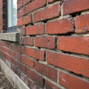 Missing mortar and open gaps between bricks on a Toronto wall.