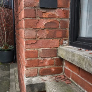 Spalling brick faces on an older Toronto masonry wall.
