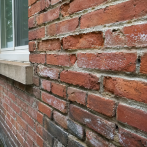 Spalling brick and recessed mortar showing moisture-related masonry damage.