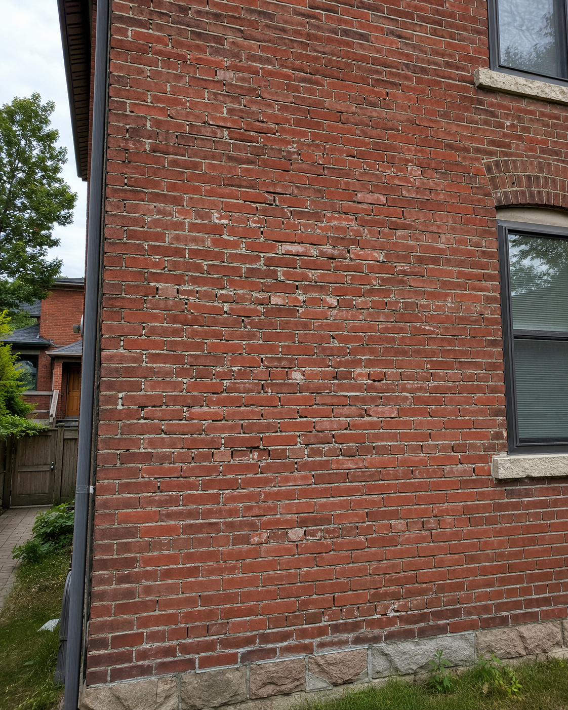 Older Toronto brick wall with widespread mortar failure and heavily deteriorated joints