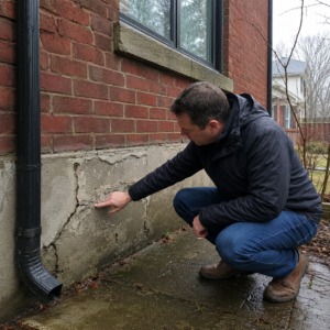 Homeowner inspecting cracked parging along a Toronto foundation after rain