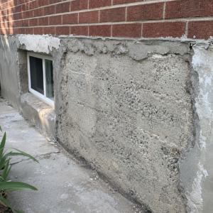 Old Toronto foundation wall with loose parging removed before repair