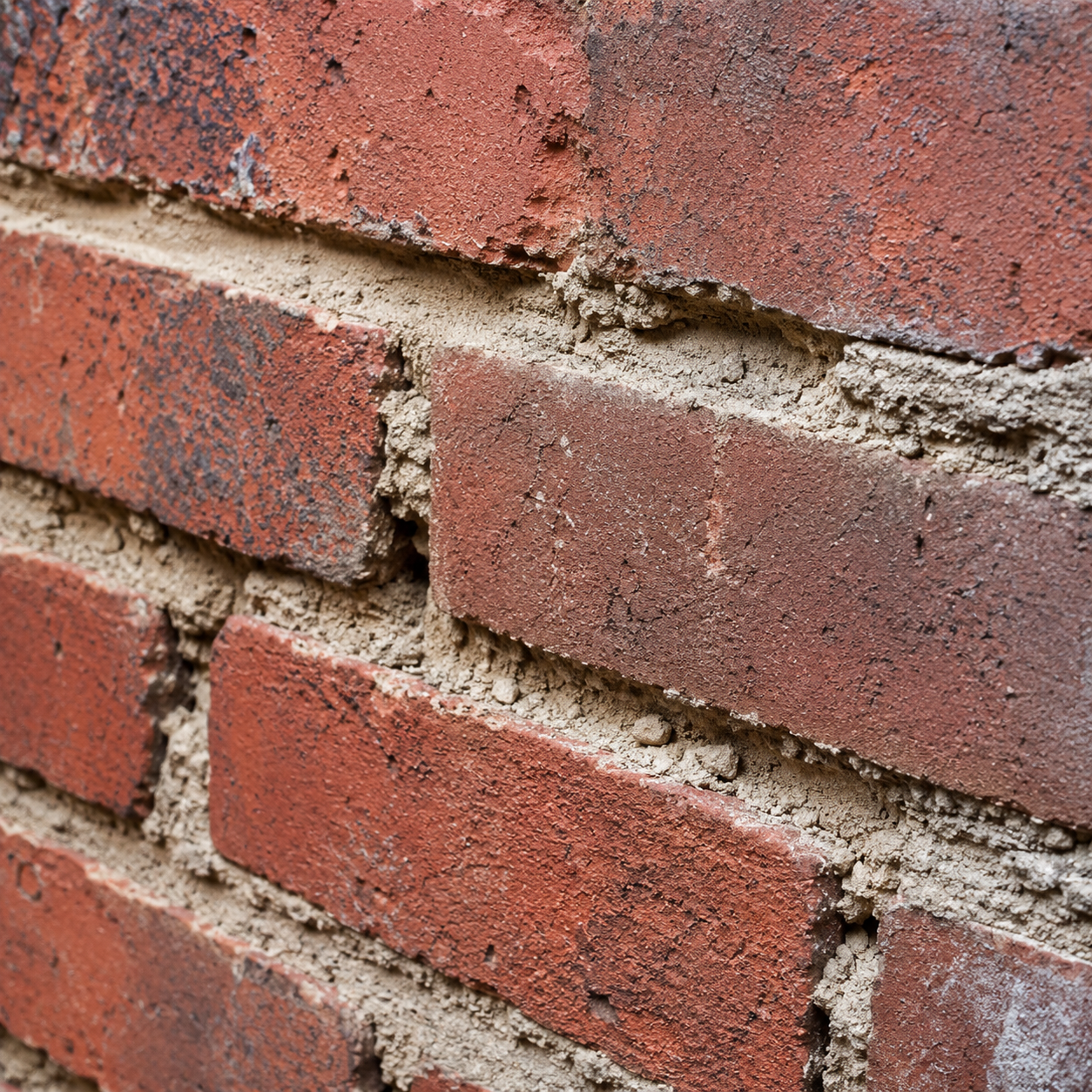 Soft powdery mortar crumbling between brick joints
