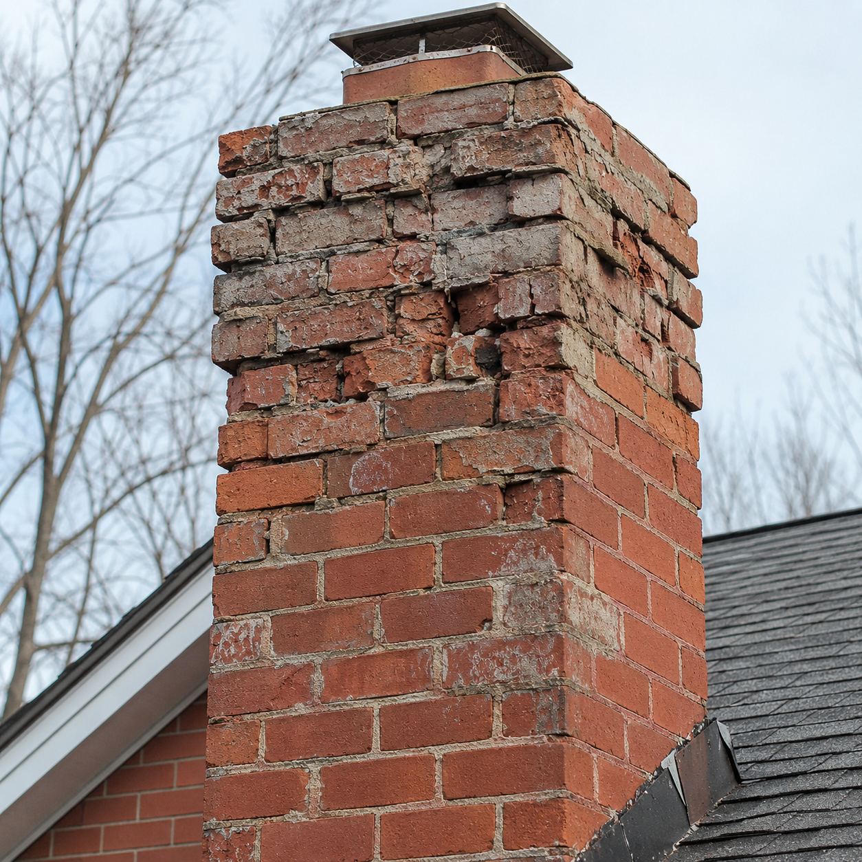 Cracked and spalling chimney bricks on an older Toronto brick chimney.