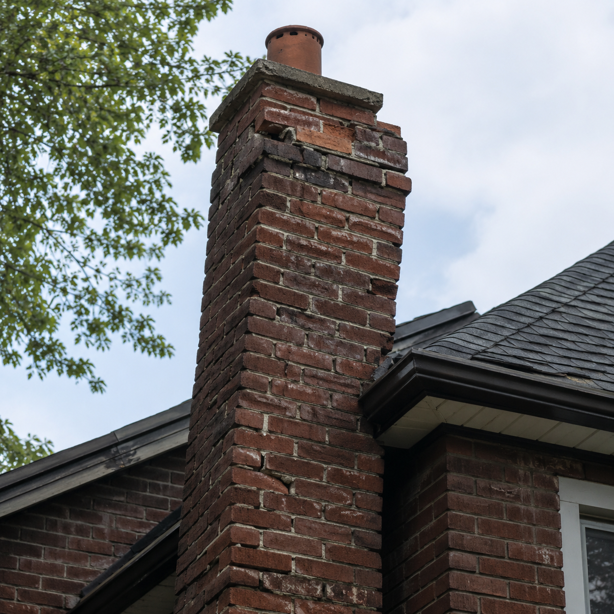 Leaning and shifting brick chimney showing signs of instability.
