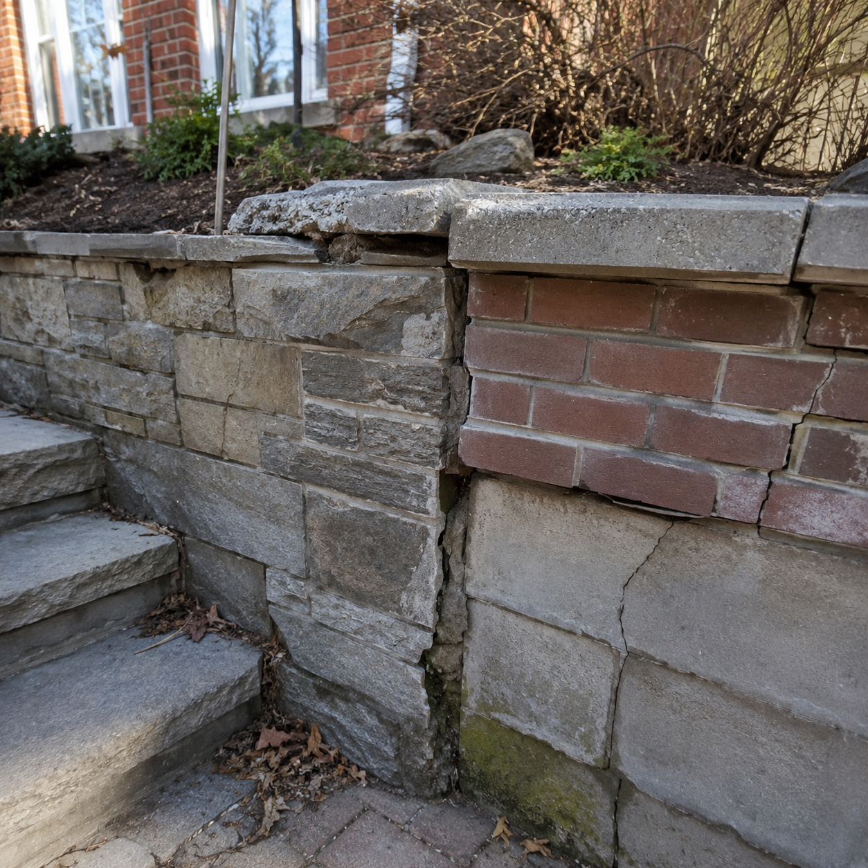 Cracked retaining wall masonry with damaged stone, brick, and block sections.