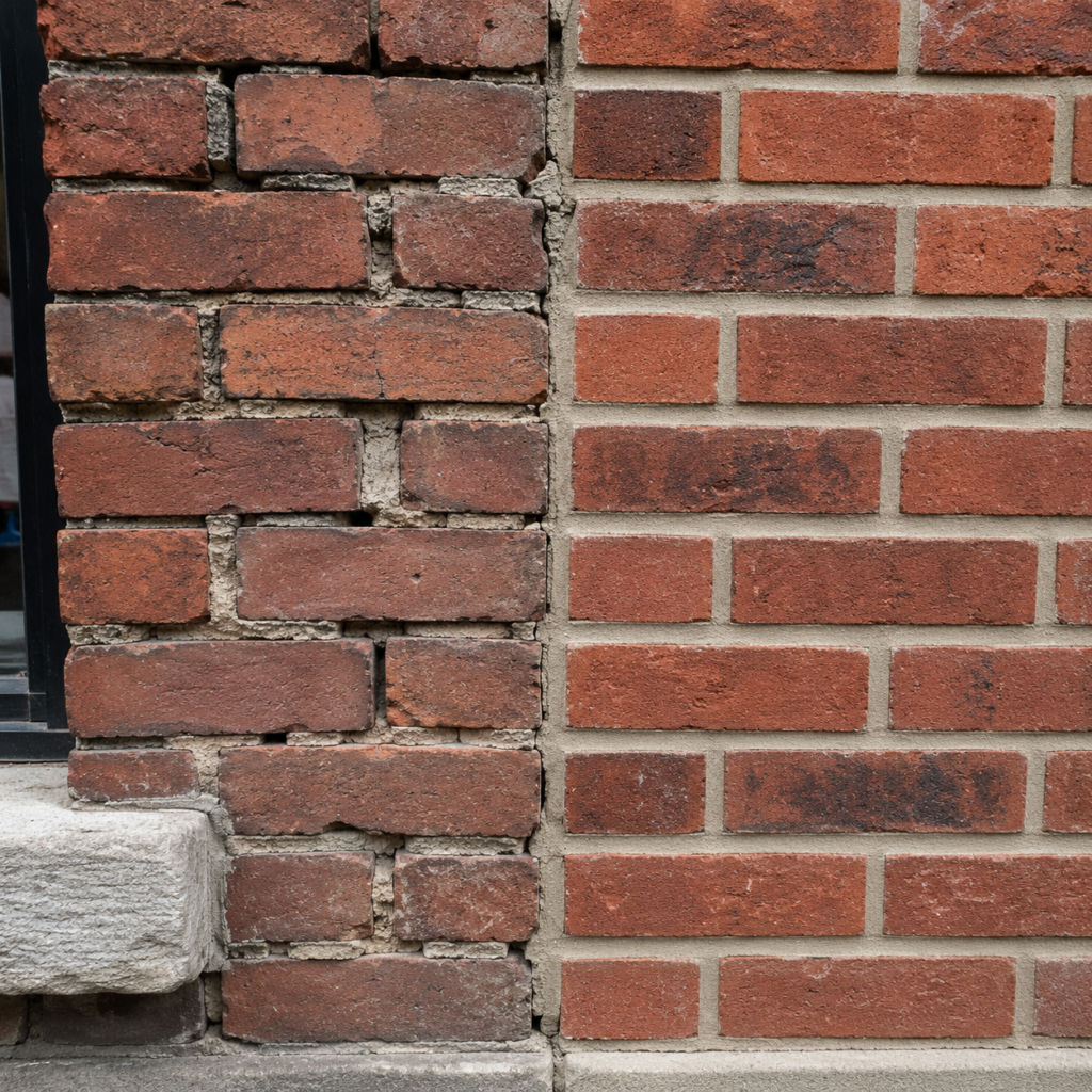 Close-up comparison of damaged mortar joints and repaired tuckpointing on Toronto brickwork