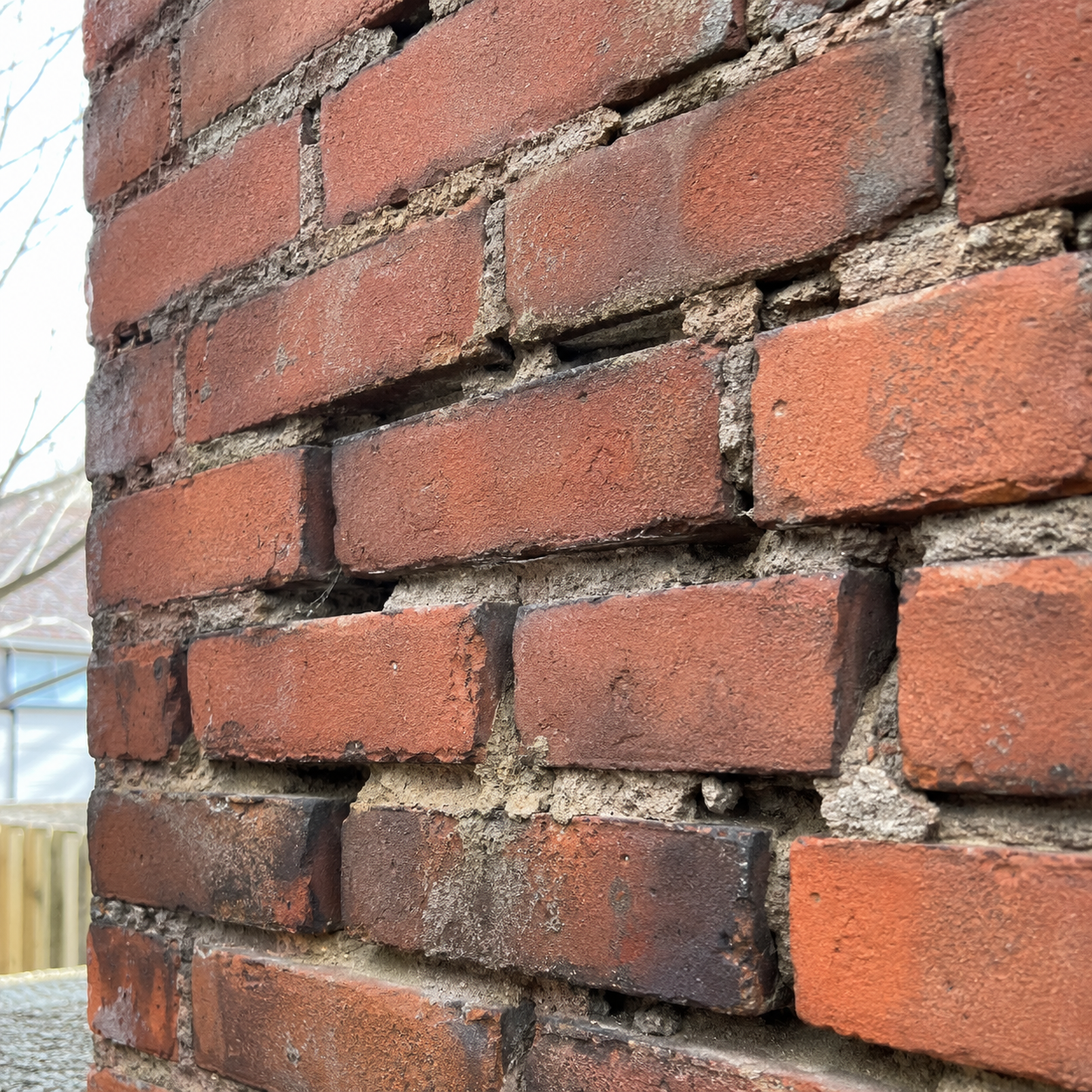 Missing mortar and open gaps between bricks