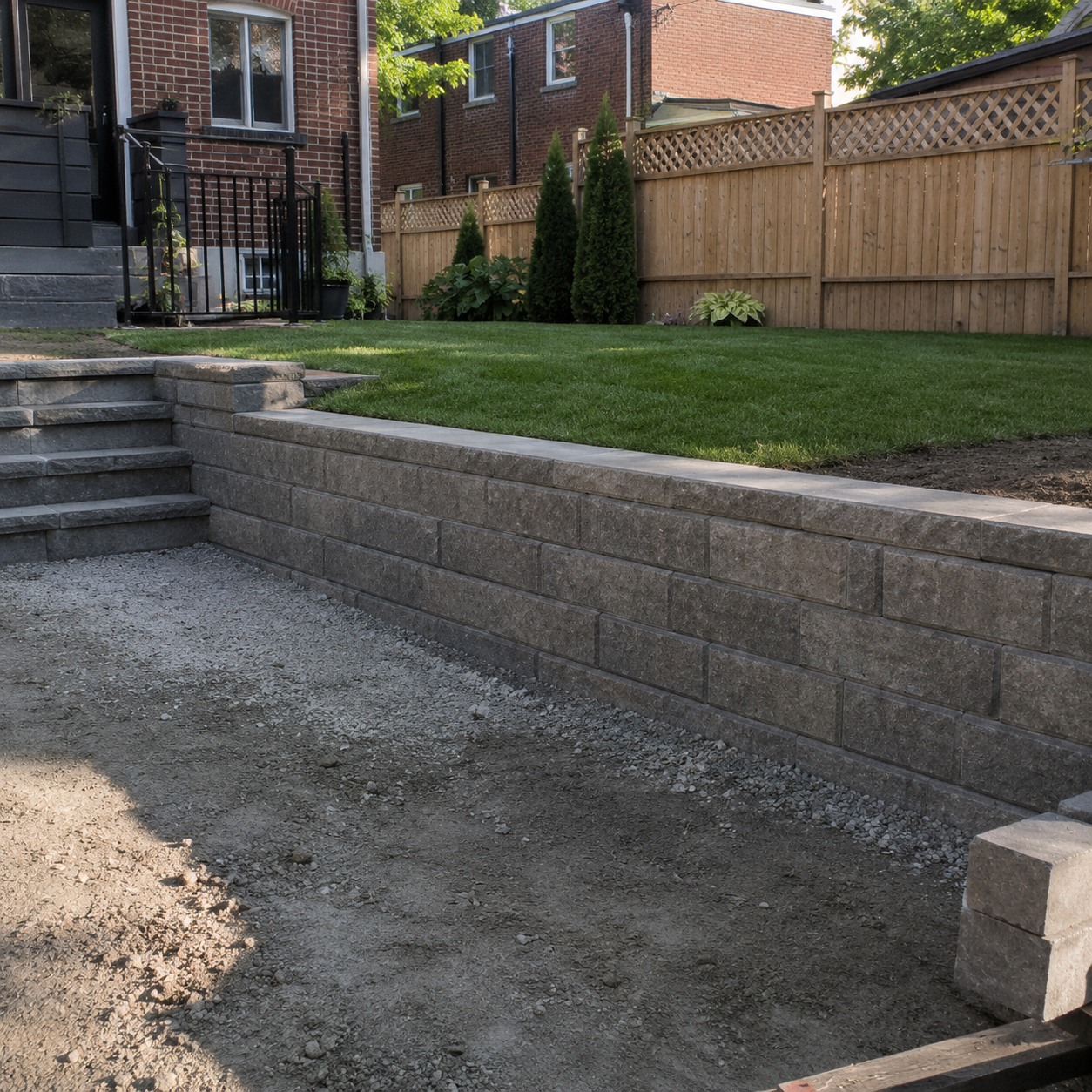 Block retaining wall installation with proper alignment and drainage in Toronto