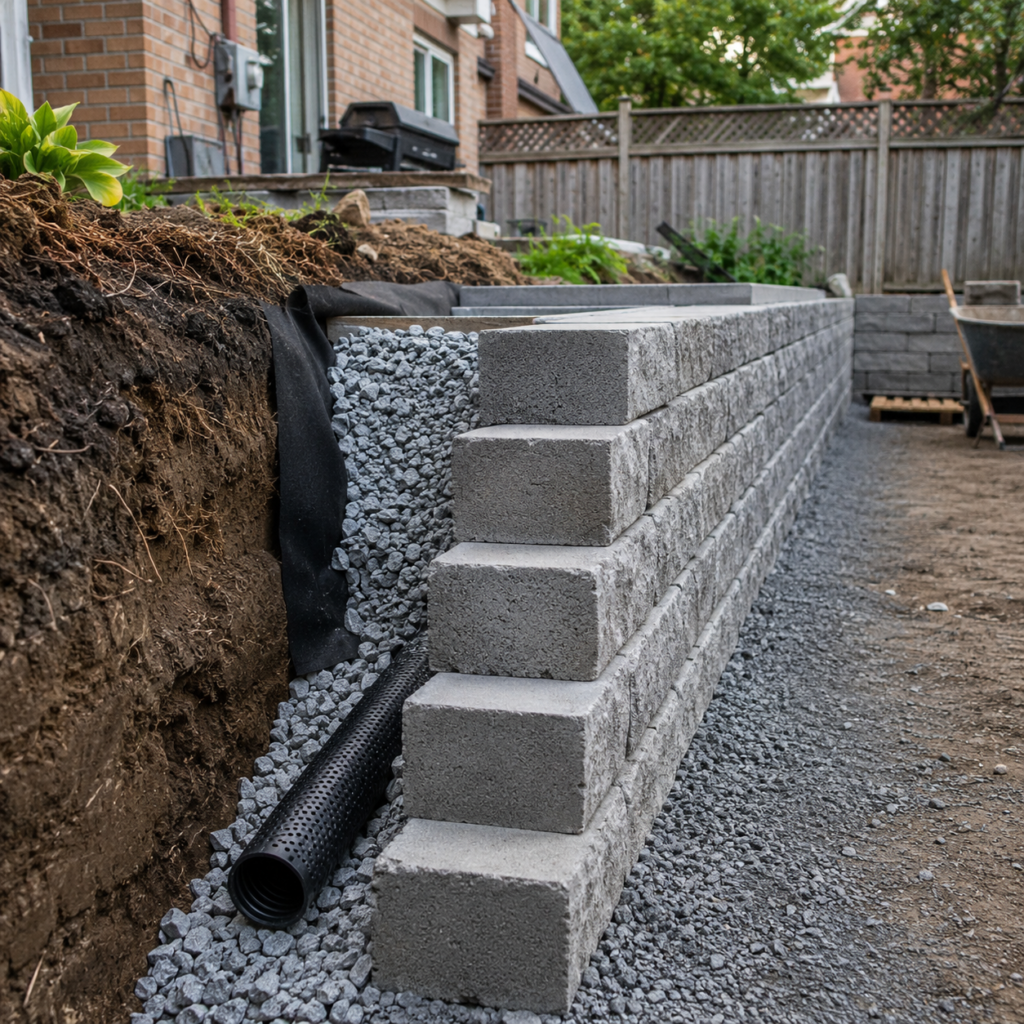 Retaining wall drainage installation with gravel and compacted base behind a masonry wall