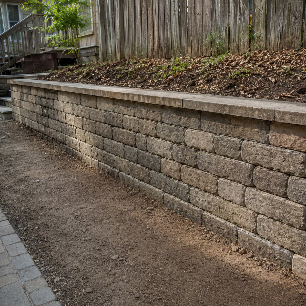 Retaining wall repair in Toronto showing reset stone and restored masonry joints