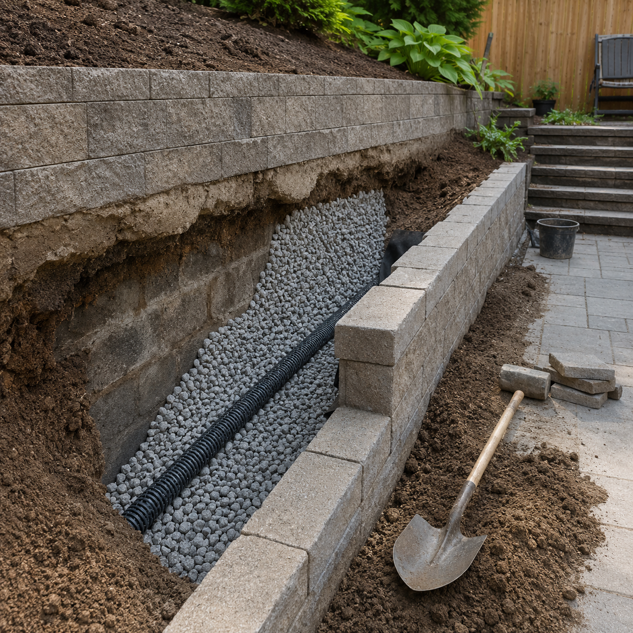 Retaining wall drainage repair with gravel and perforated pipe behind the wall