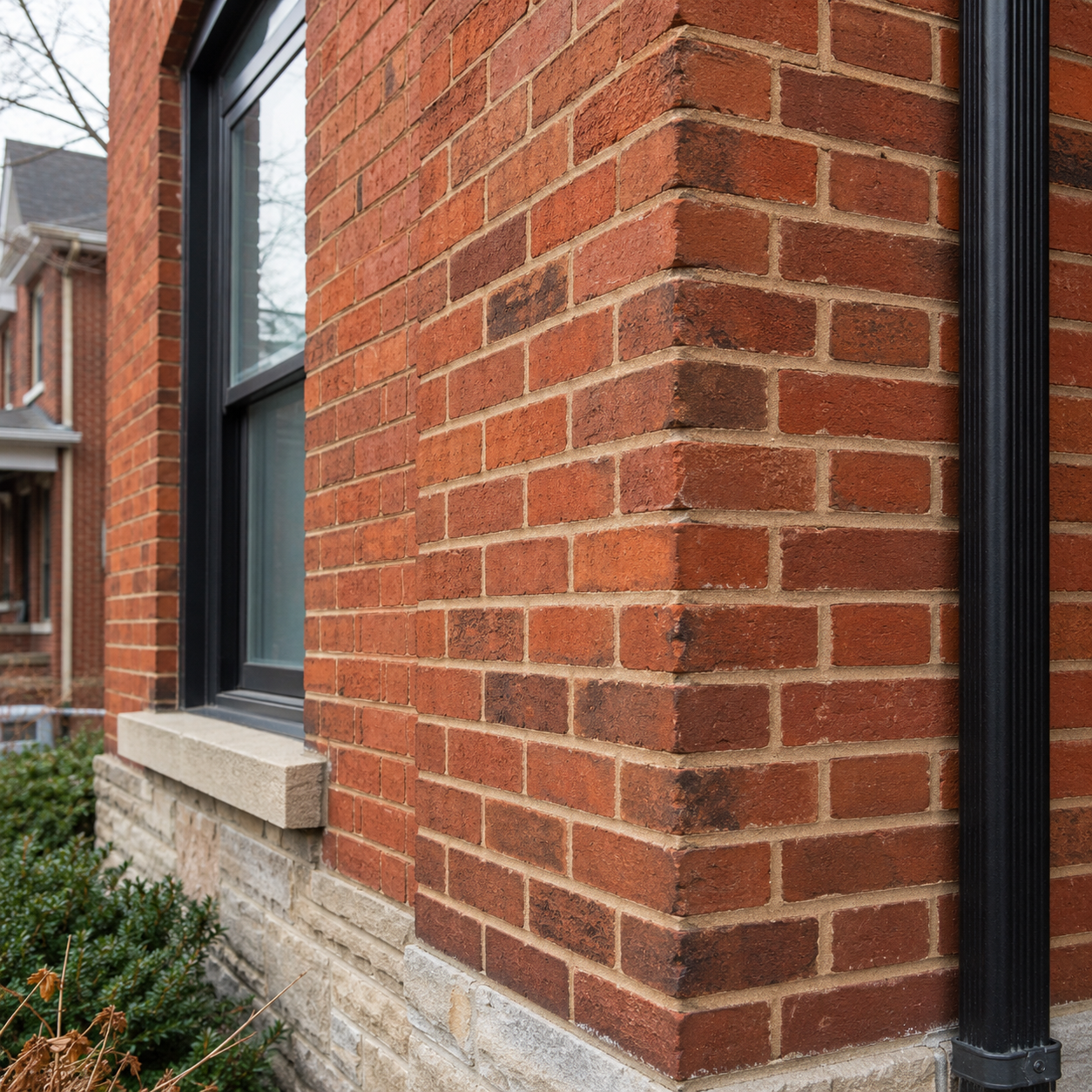 Heritage mortar repair and careful tuckpointing on an older Toronto brick home