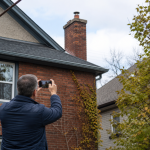 Homeowner checking chimney crown damage from ground level.