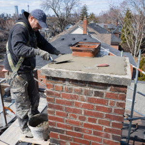 Mason repairing a damaged chimney crown on a Toronto home.