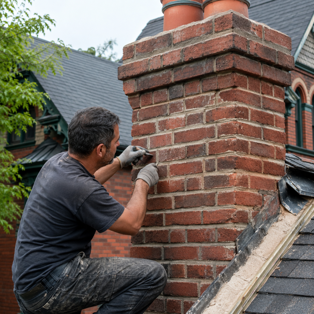 Chimney repair on an older Toronto brick home with heritage-style masonry