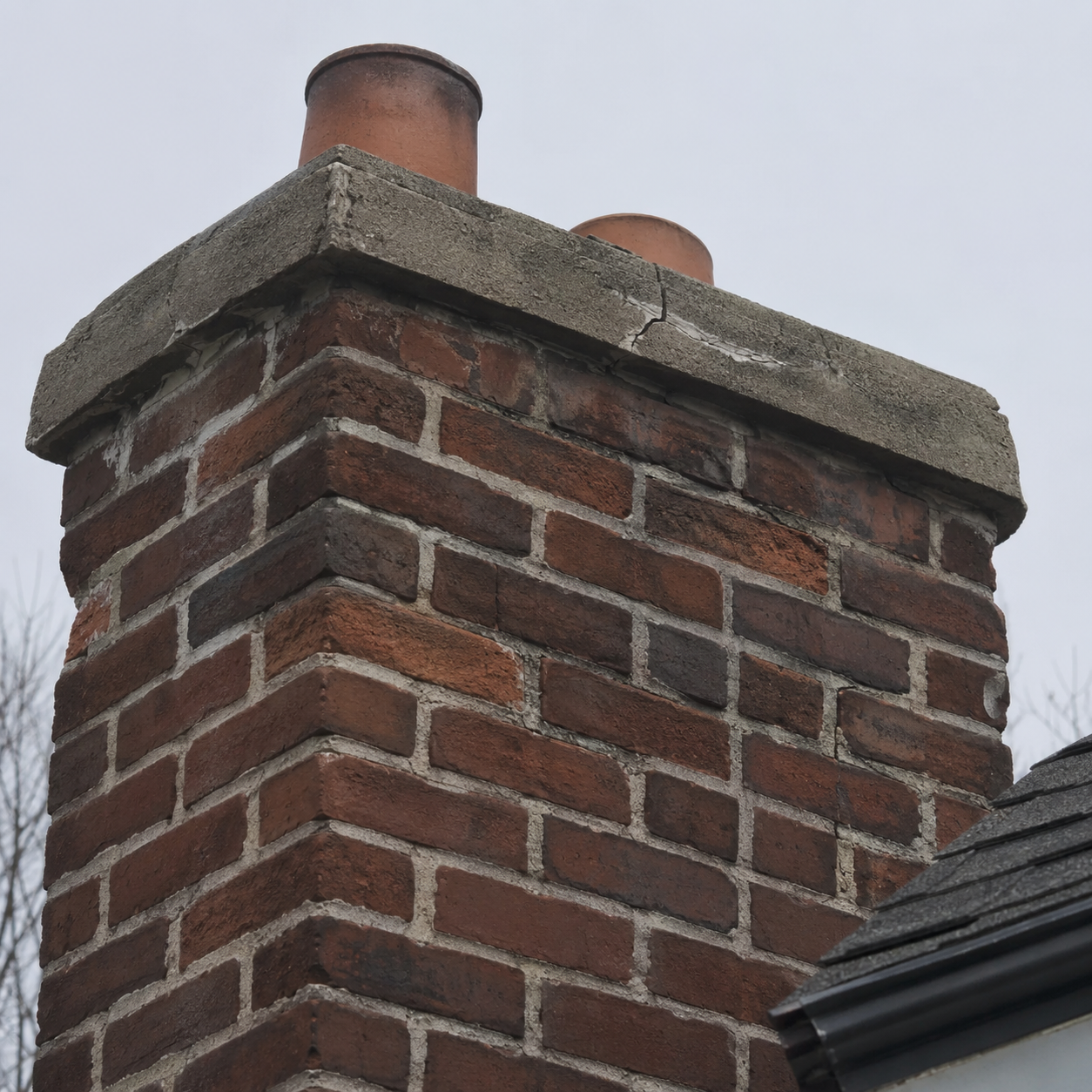 Cracked chimney crown on an older Toronto brick chimney.
