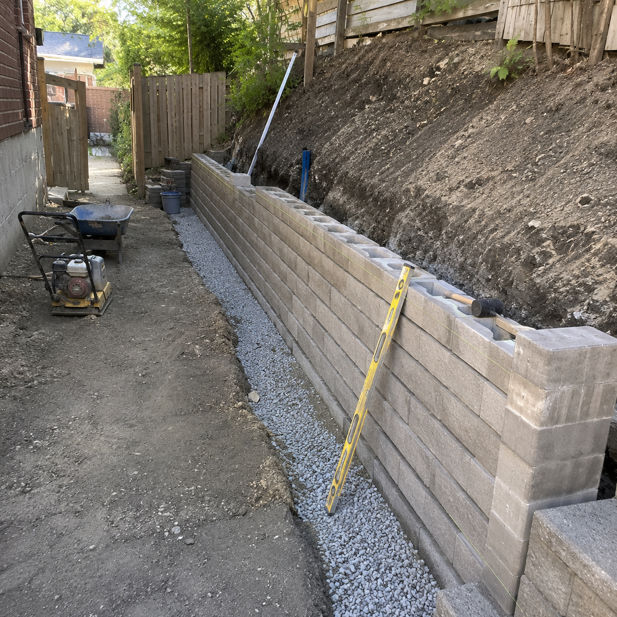 Retaining wall rebuild with compacted base and drainage stone in a Toronto backyard
