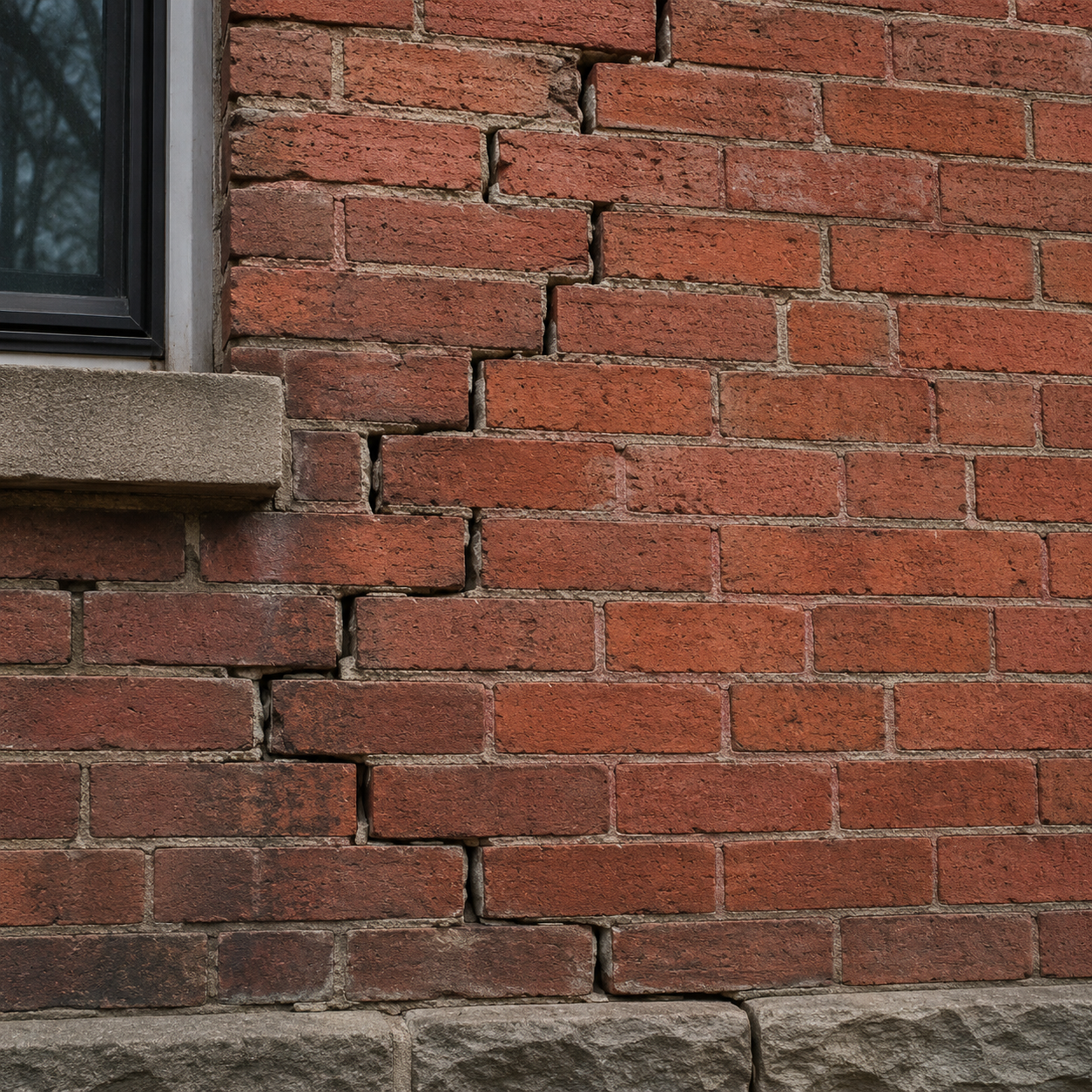 Stair-step cracks along mortar joints in brickwork