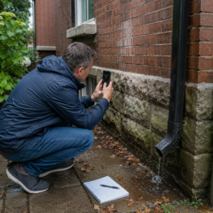 Homeowner documenting damp brick and mortar damage from ground level.
