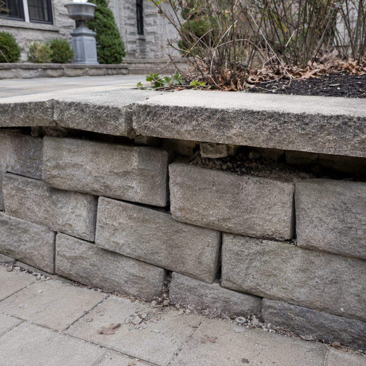 Loose retaining wall stones and coping caps showing masonry damage.