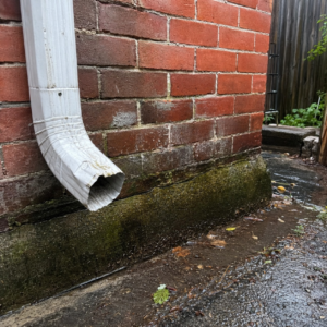 Downspout draining too close to a brick wall and foundation.