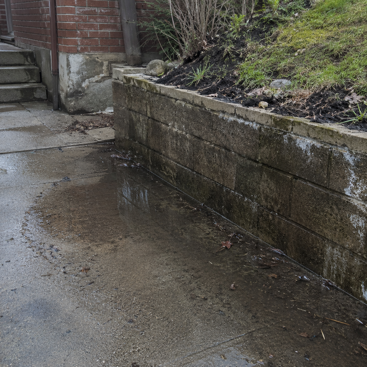 Standing water pooling at the base of a retaining wall due to poor drainage.