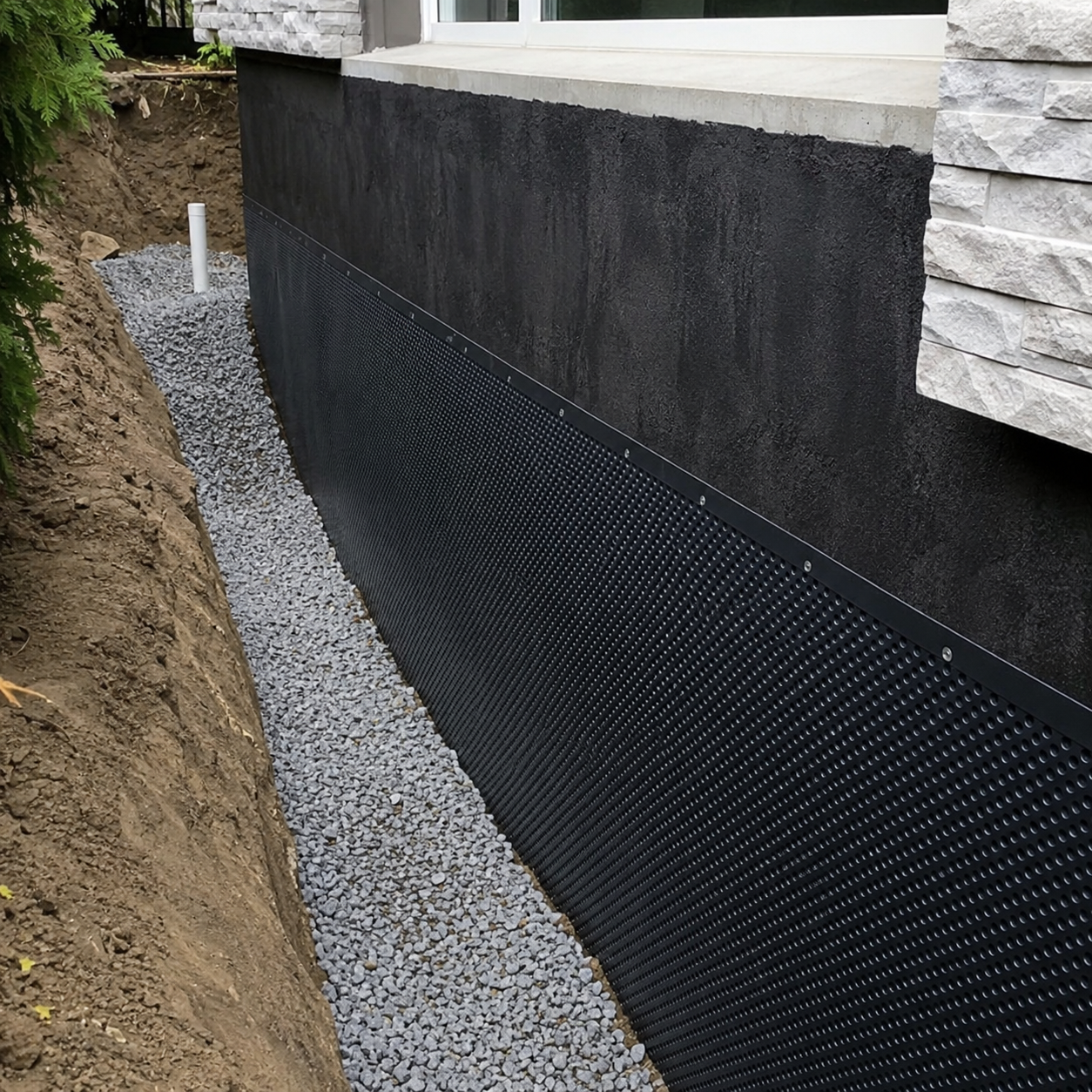 Below-grade waterproofing detail with membrane and drainage layer on a foundation wall