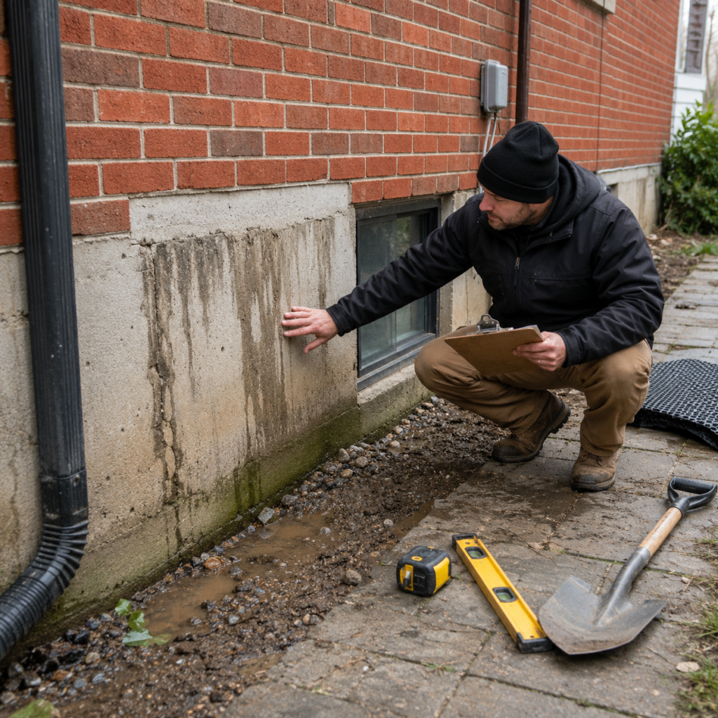 Toronto basement waterproofing contractor inspecting exterior foundation and drainage problems