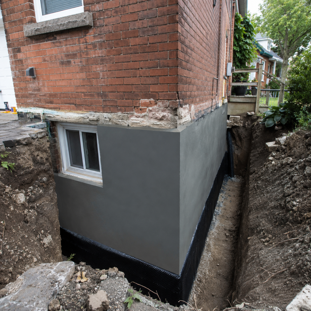 Exterior waterproofing and foundation repair work on an older Toronto brick home