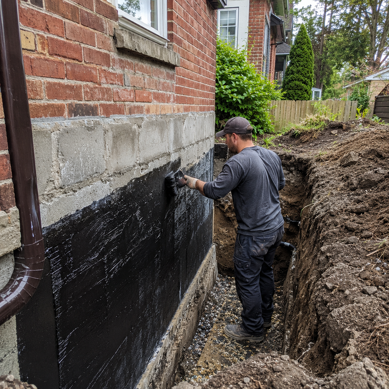 Exterior foundation waterproofing work on a Toronto home