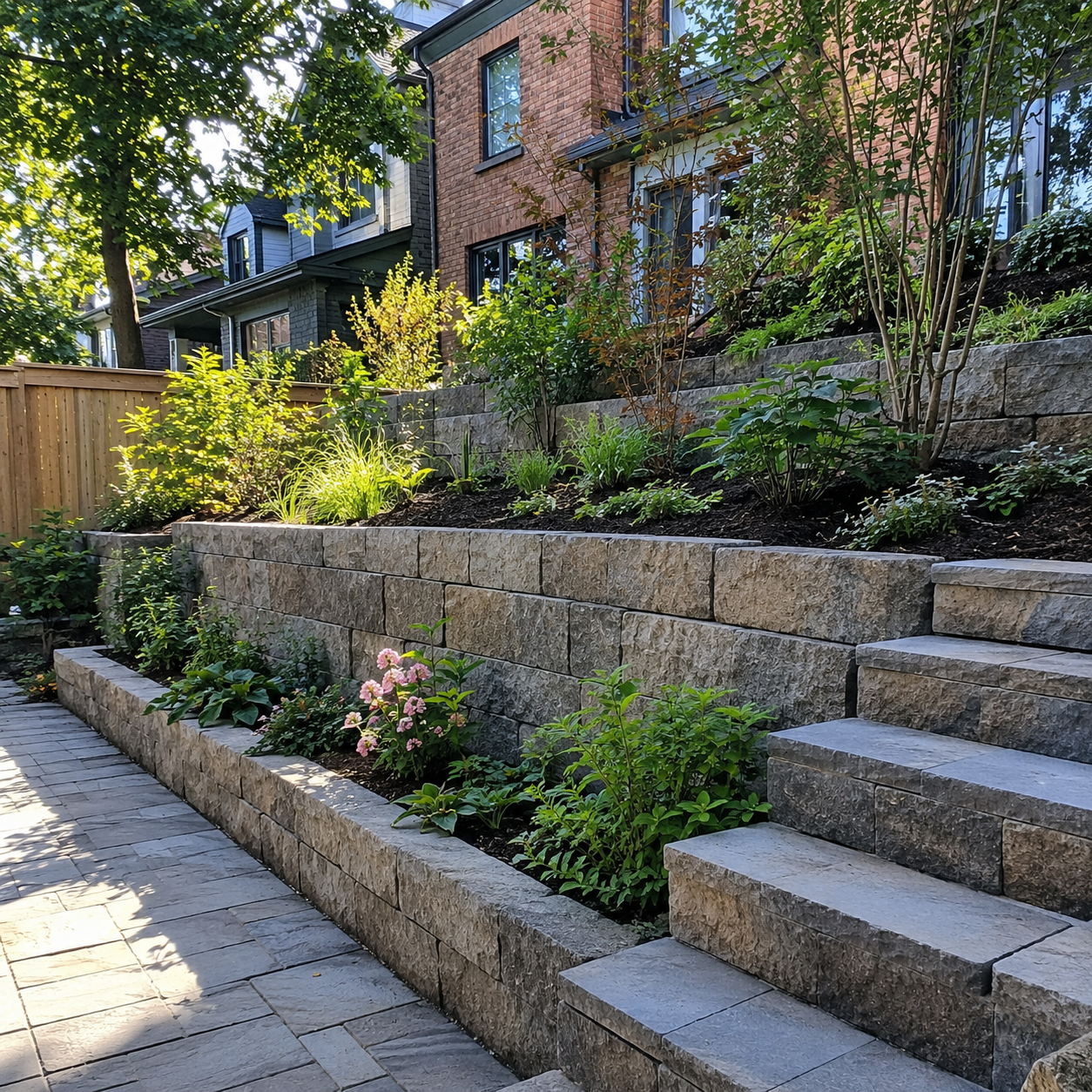 Retaining wall used for erosion control on a sloped Toronto backyard