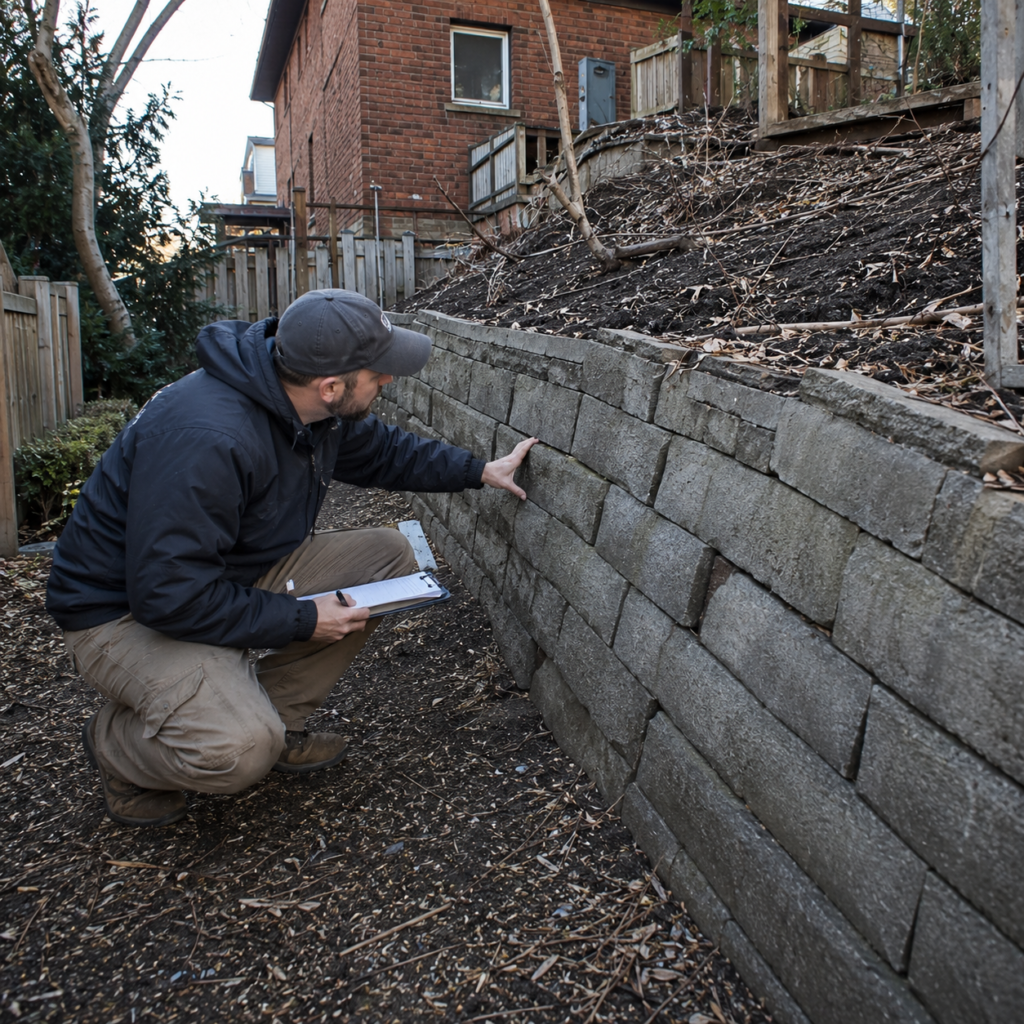 Toronto retaining wall contractor inspecting a leaning masonry wall in a backyard