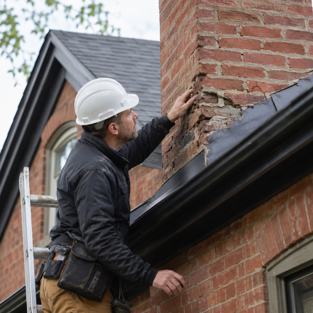 Toronto chimney repair contractor inspecting damaged brick and mortar near the roofline