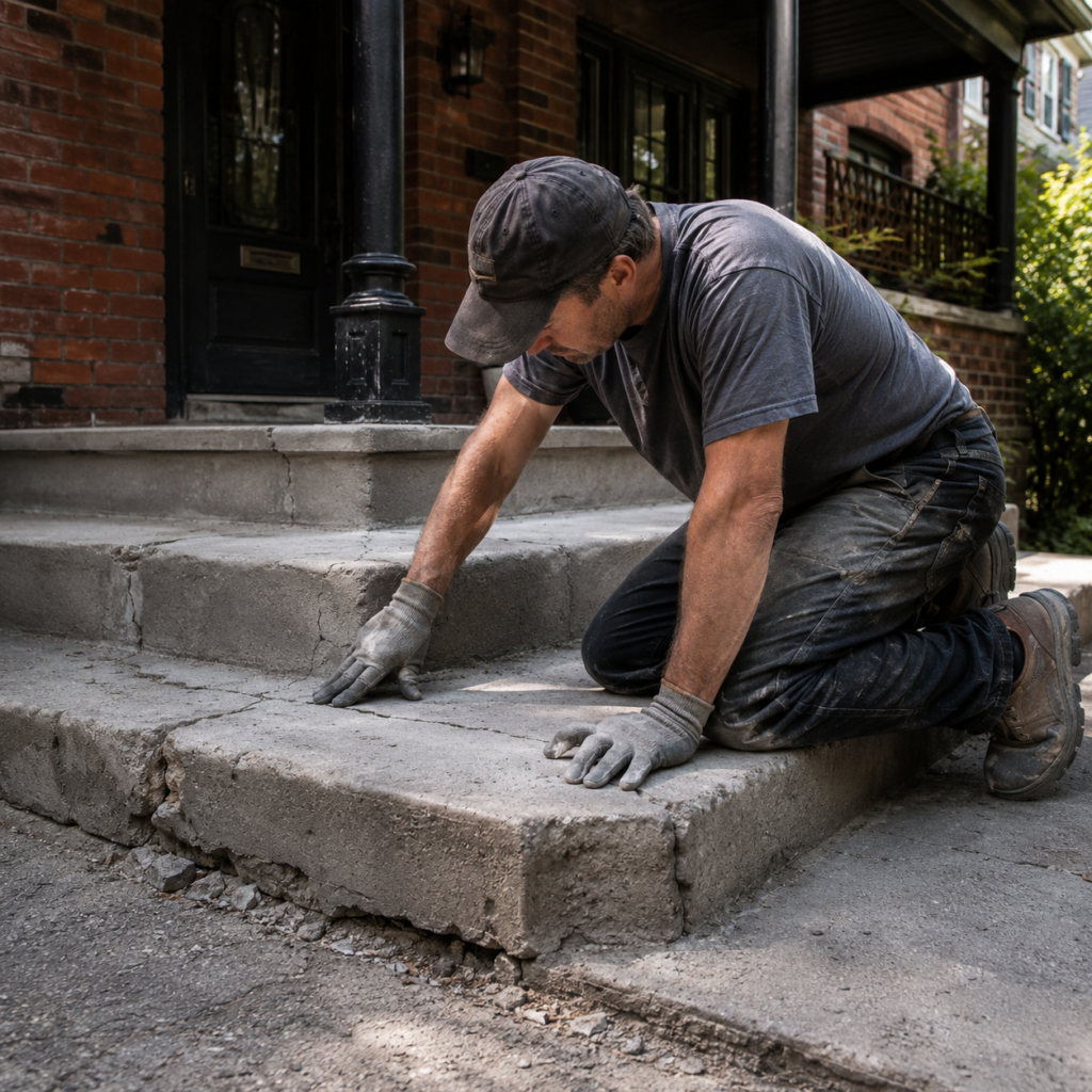 Toronto concrete repair contractor inspecting cracked concrete steps and porch damage