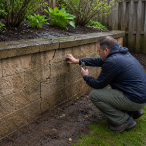 Homeowner checking a retaining wall for cracks and movement from ground level.