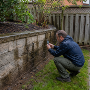 Homeowner inspecting retaining wall drainage problems from ground level.