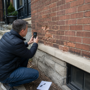 Homeowner documenting brick spalling and mortar failure from ground level.
