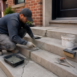 Mason repairing cracked concrete steps at a Toronto home.