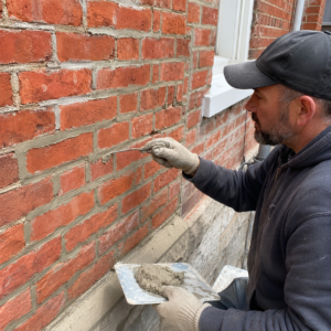 Mason repointing failing mortar joints on an older Toronto brick wall.