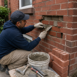 Mason repointing failing mortar joints on an older Toronto brick wall.