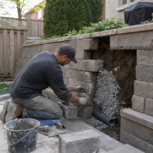 Mason repairing retaining wall drainage with stone backfill and drain pipe.