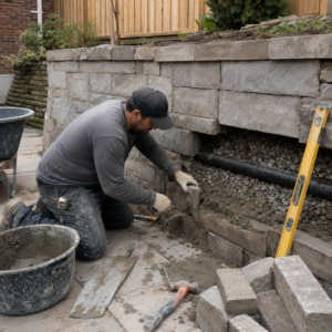 Mason repairing retaining wall drainage and masonry in a Toronto backyard.