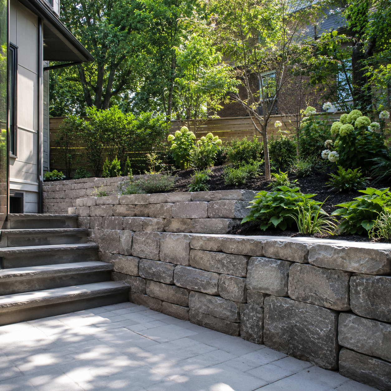 Stone retaining wall construction for a Toronto residential landscape