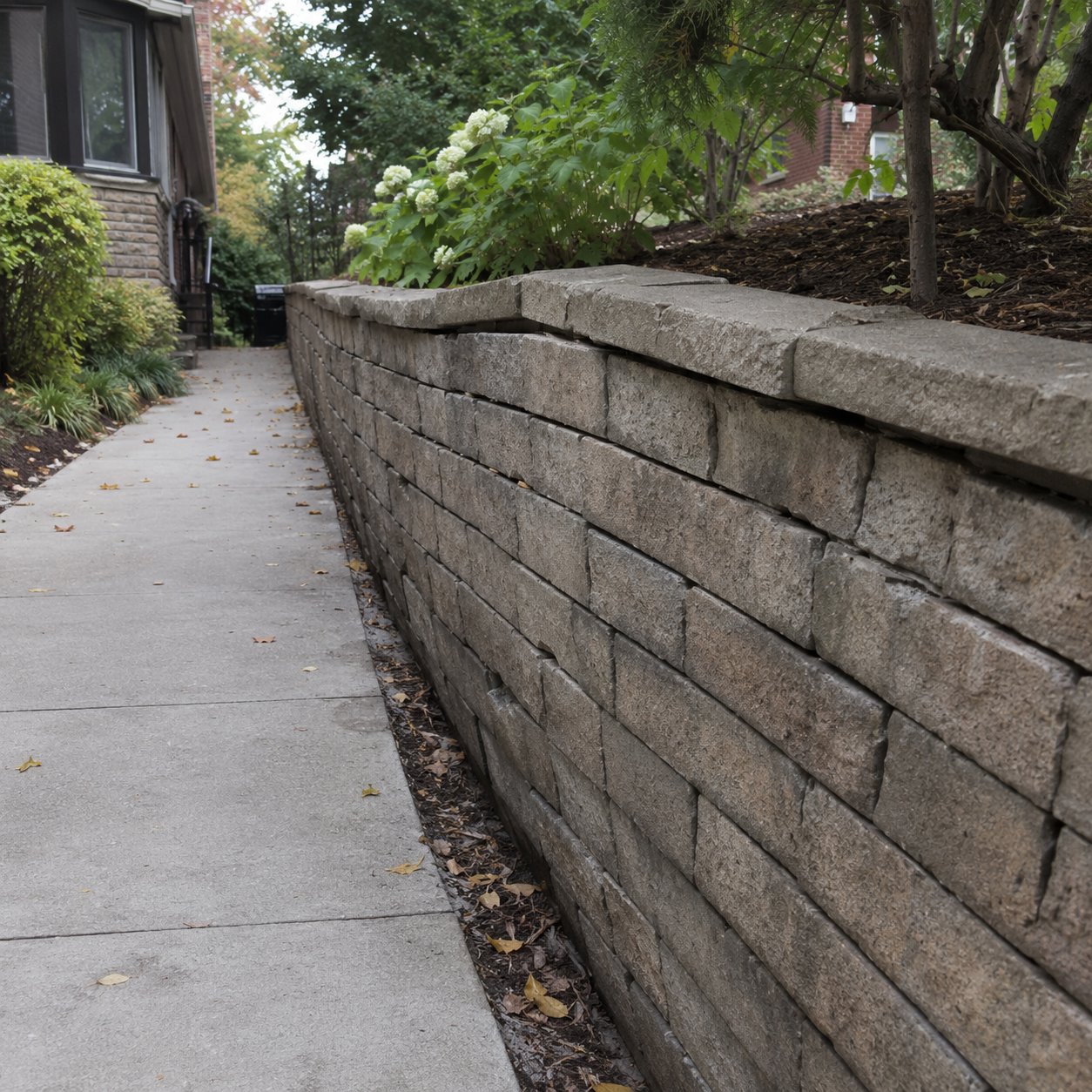Leaning retaining wall at a Toronto home showing signs of soil pressure and wall movement.