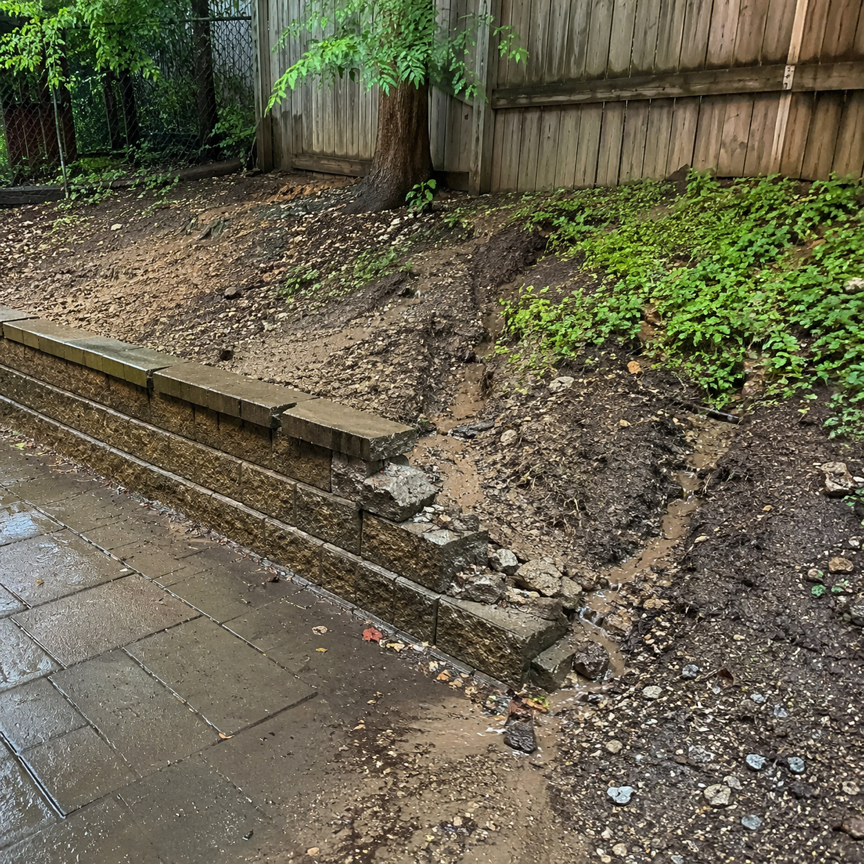 Soil erosion beside a retaining wall caused by water runoff after heavy rain.