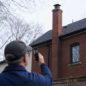 Homeowner checking chimney cap problems from ground level.