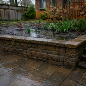 Water pooling behind a stone retaining wall after heavy rain.