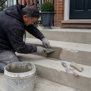Mason repairing chipped concrete step edges at a Toronto home.