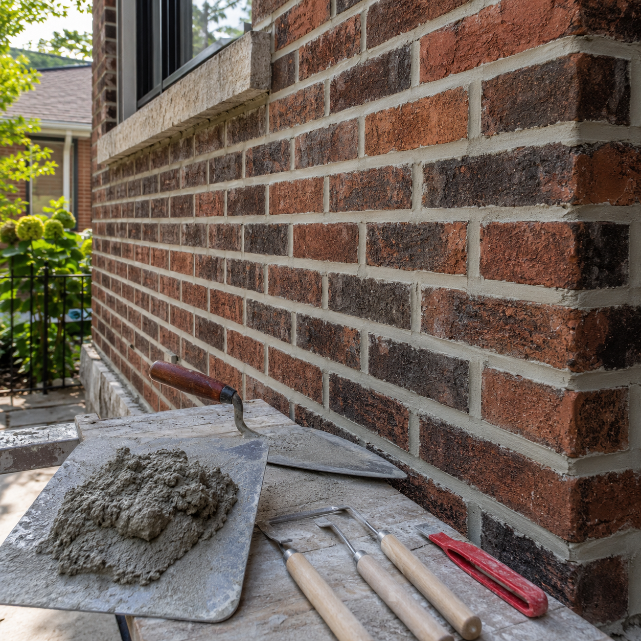 Brick tuckpointing and mortar joint repair on a Toronto home